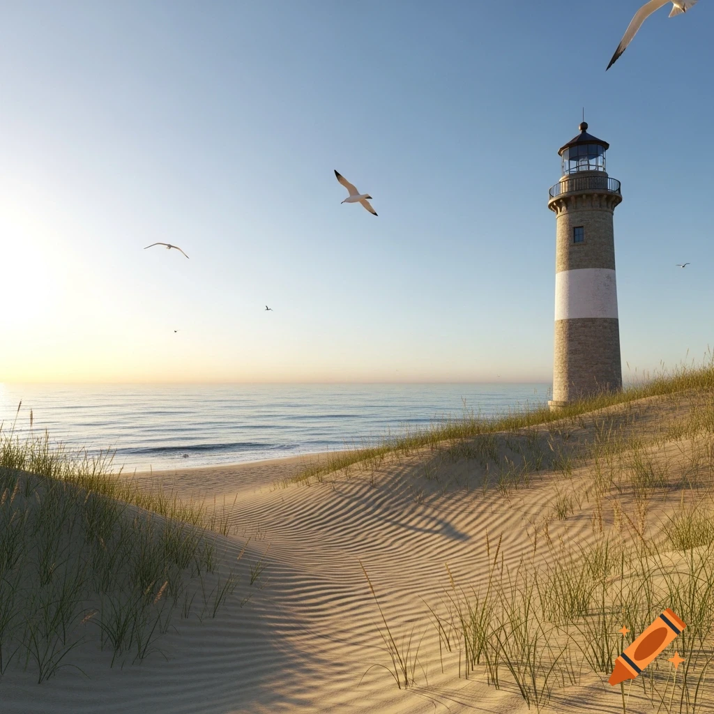 Photorealistic image of a lighthouse on sand dunes beside the ocean, with seagulls flying under a clear sky at sunset.