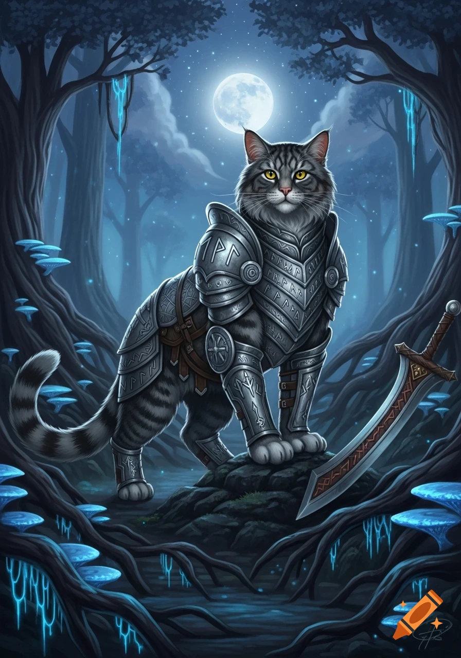 A majestic warrior cat in elaborate silver armor stands on a rock in a mystical moonlit forest with glowing blue mushrooms.