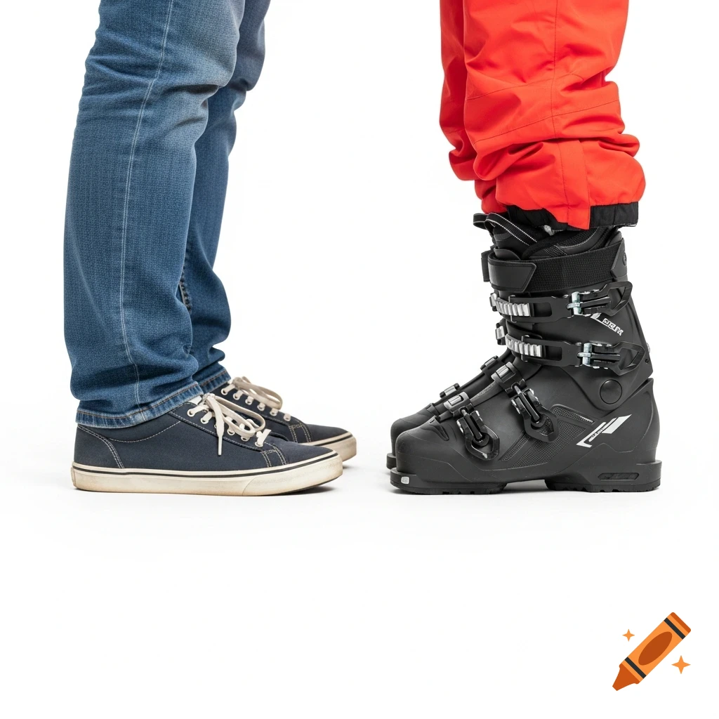 Lower half of two people, one in jeans and sneakers, the other in red ski pants and black ski boots, on a white background.