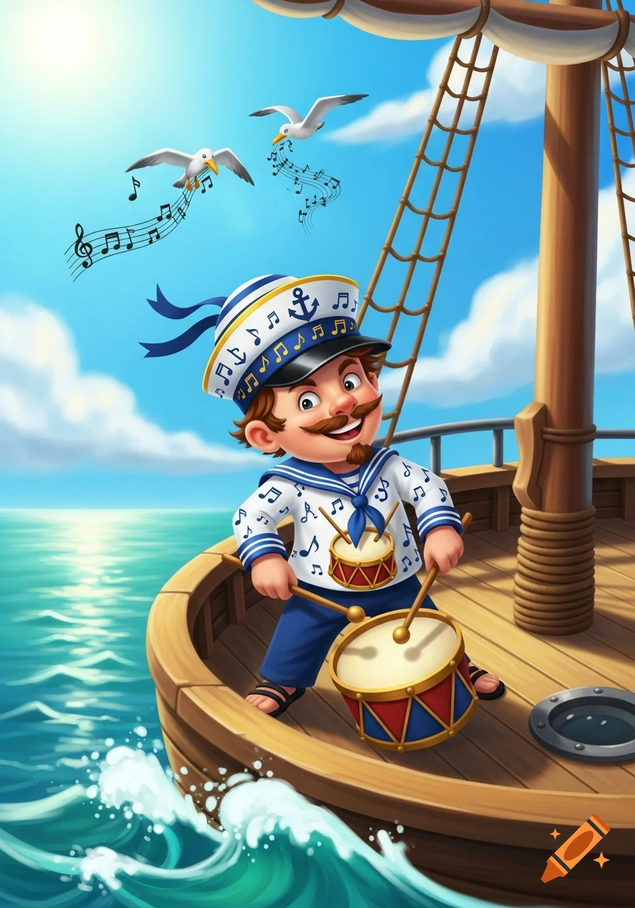 A cheerful cartoon sailor plays a drum on a wooden boat at sea, with musical notes floating around flying seagulls under a blue sky.