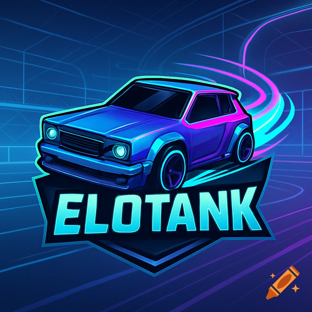 A stylized gaming logo featuring a blue and pink car above the text "ELOTANK", set against a neon blue grid background.