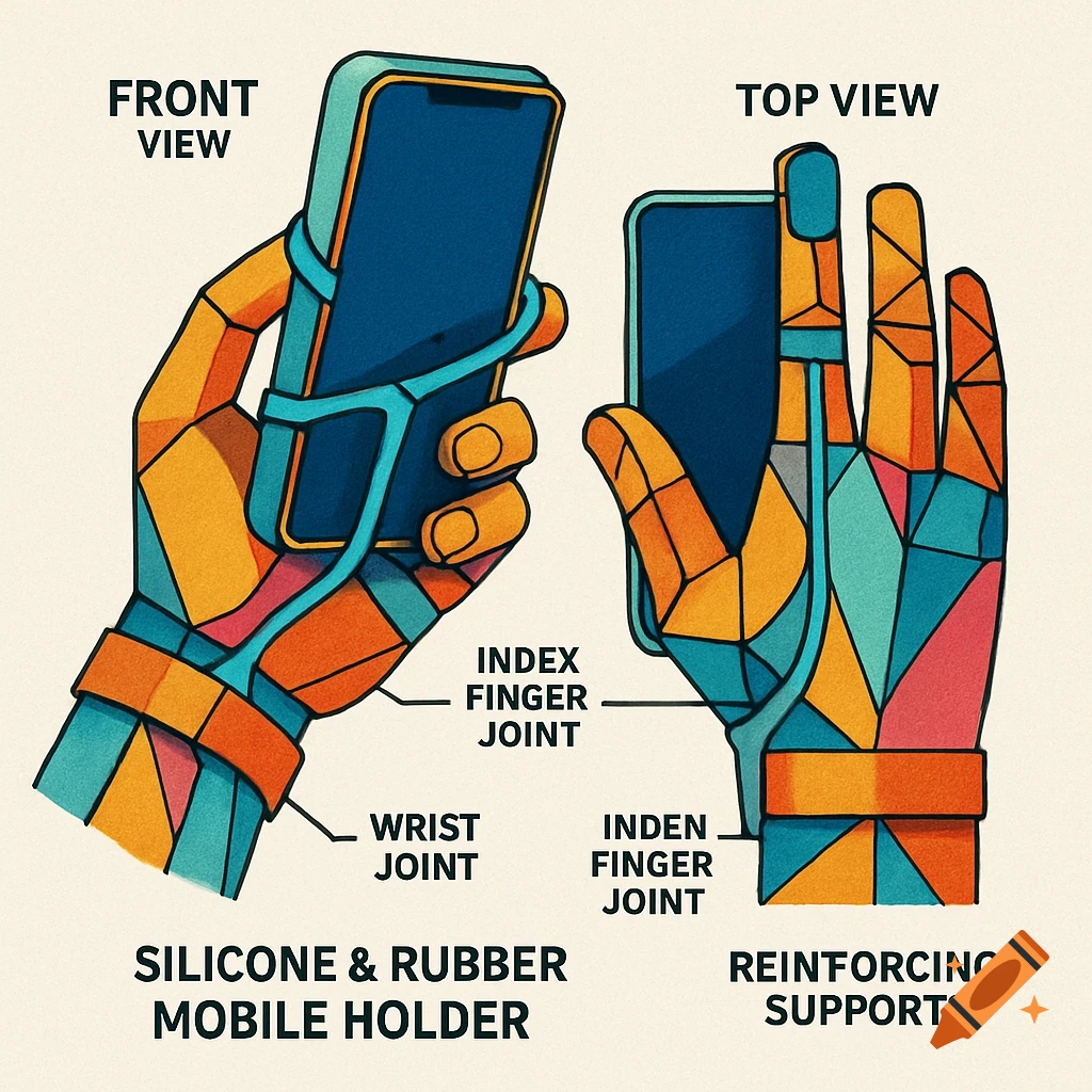 A geometric illustration of an innovative mobile phone holder. Two views show a colorful hand wearing a blue silicone and rubber strap holding a smartphone. Labels point to wrist and finger joints, and holder parts.