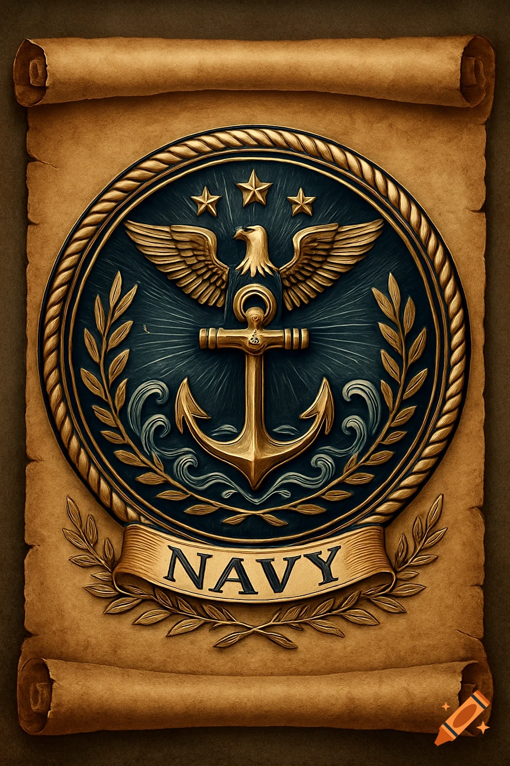 Gold and blue navy seal with an eagle, anchor, stars, and 'NAVY' text on a parchment scroll.
