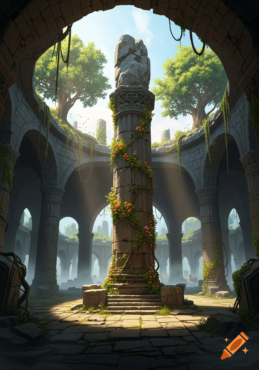 Sunlit ancient ruins with a central stone pillar covered in vines and orange flowers, surrounded by arched walls and lush trees.