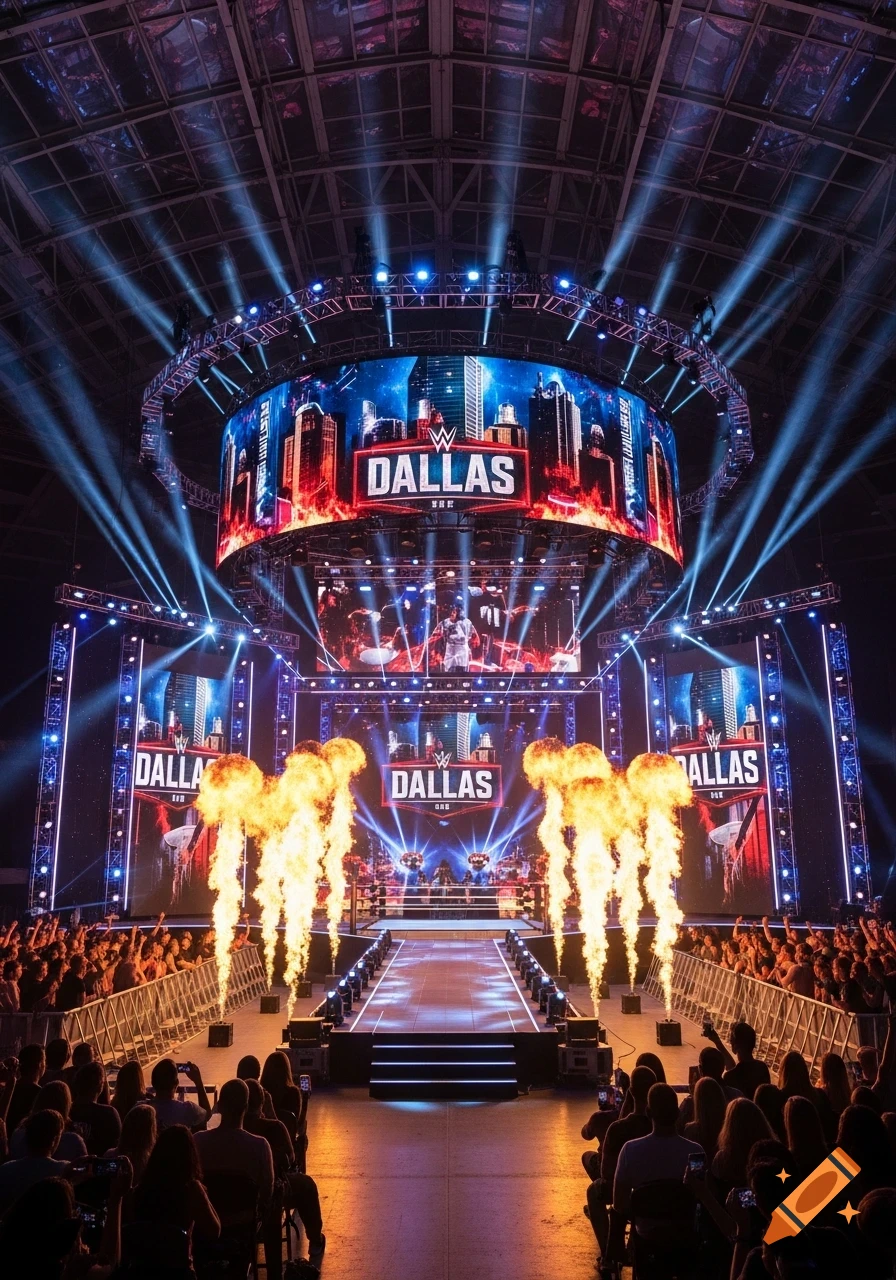 A realistic wrestling arena entrance stage with large screens displaying 'DALLAS', bright lights, pyro, and a cheering crowd.