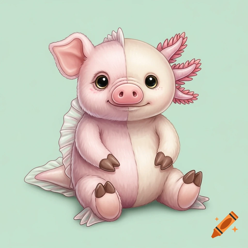 A cute, split-color hybrid pig and axolotl plush toy, half pink pig and half cream axolotl, sitting on a light green background.