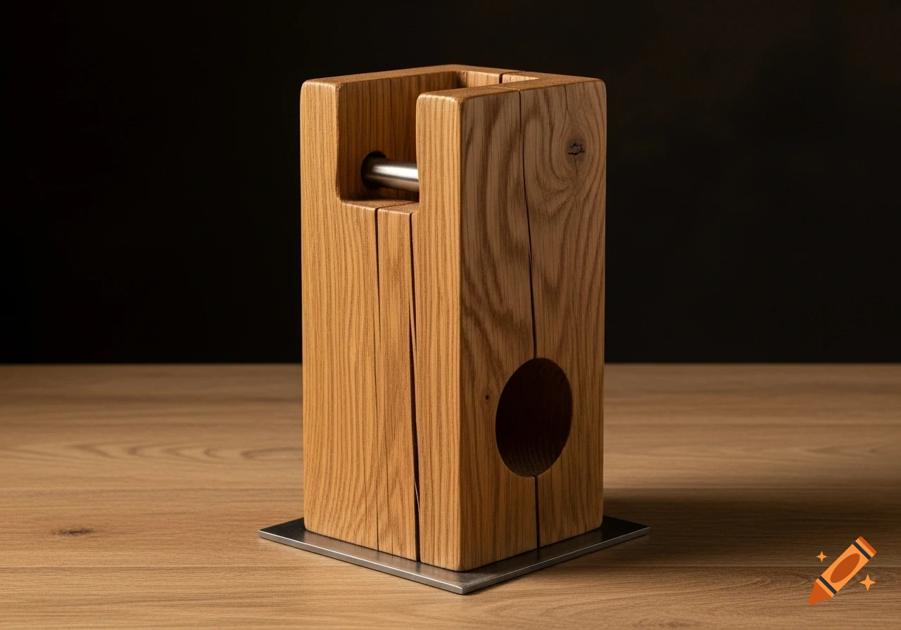 A rustic, freestanding wooden toilet paper holder with a metal base on a wooden surface.