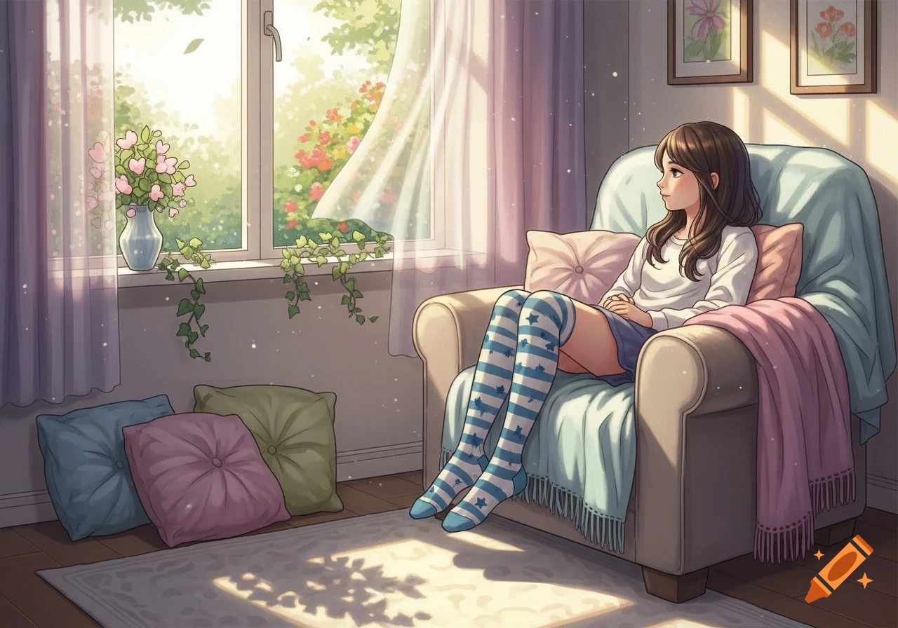 Anime girl in striped thigh-high socks sitting in an armchair by a sunlit window with plants and flowers outside.