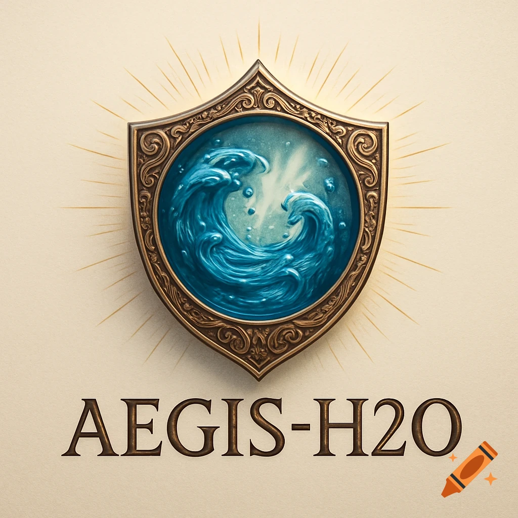 A stylized gold and bronze shield with a circular blue center depicting crashing waves. Below the shield is the text 'AEGIS-H2O'.