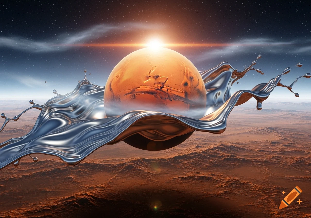 A stylized planet Mars is engulfed in a splash of metallic mercury over a desolate Martian landscape and starry sky.