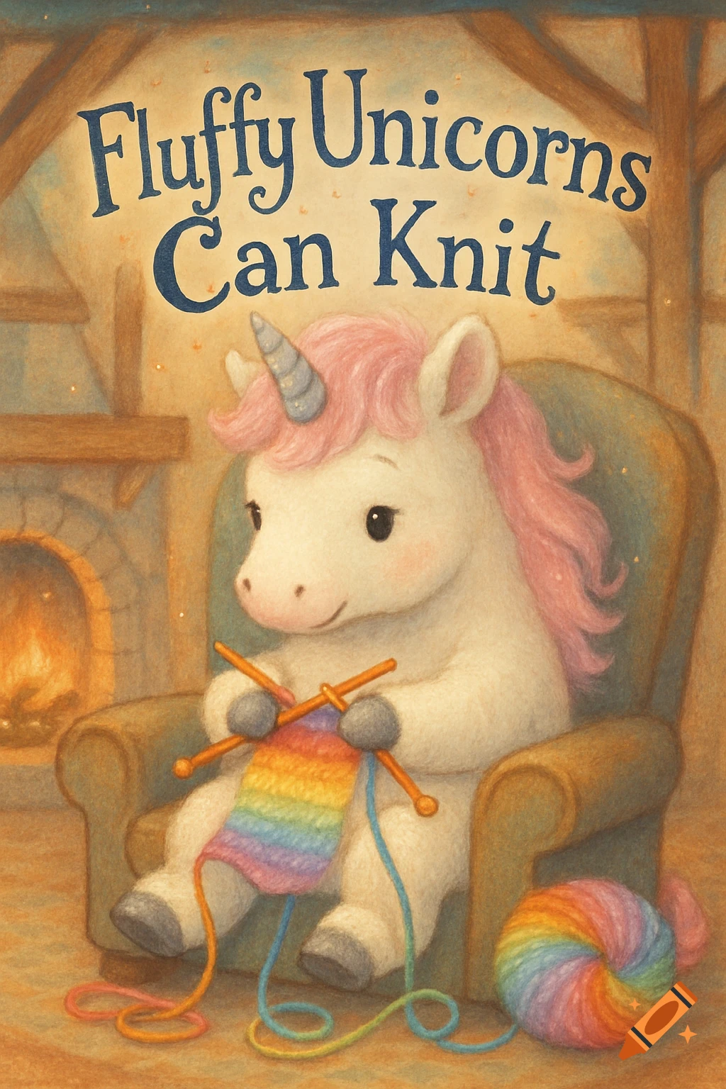 A fluffy unicorn with pink hair sits in an armchair by a fireplace, knitting a rainbow scarf, with the title "Fluffy Unicorns Can Knit" above.