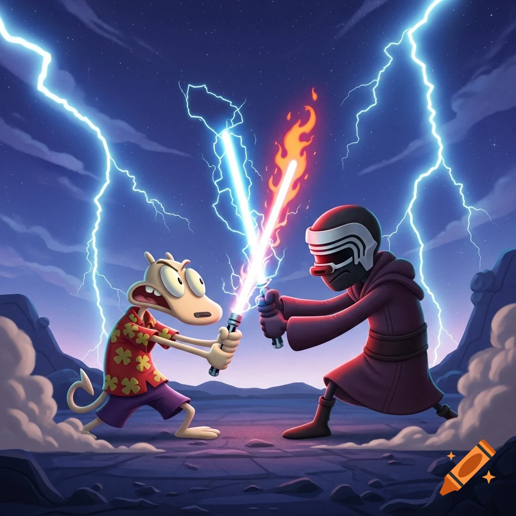 Cartoon Rocko from Rocko's Modern Life battles a stylized Kylo Ren with lightsabers under a lightning-filled night sky.