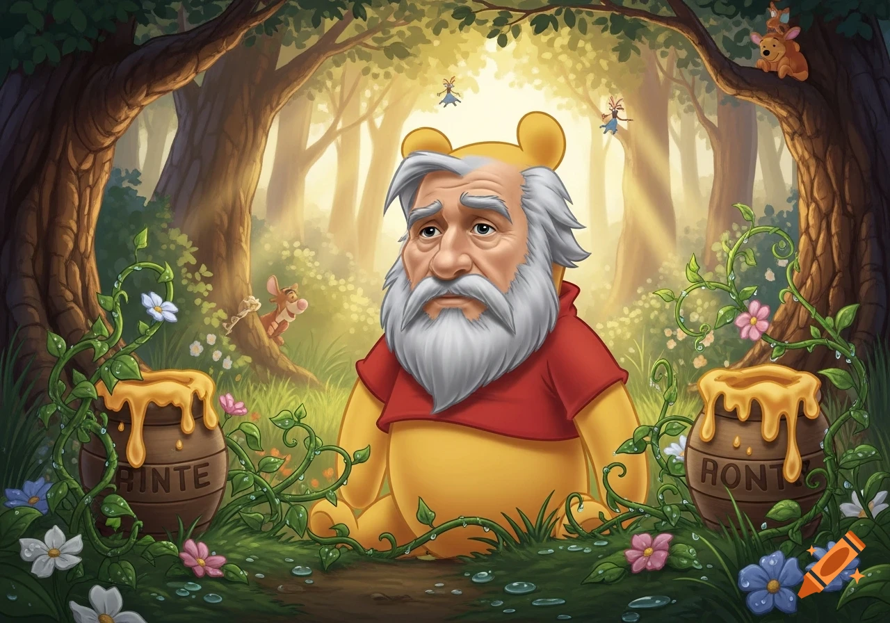 Winnie the Pooh with an old man's face and white beard sits in a whimsical, sunny forest, surrounded by flowers and honey pots, with Piglet and Roo in the background.