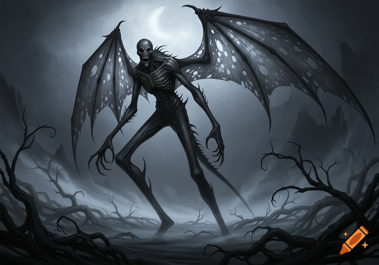 A terrifying, skeletal monster with large ripped wings and long skinny limbs stands in a desolate, misty landscape under a crescent moon, dark art style.