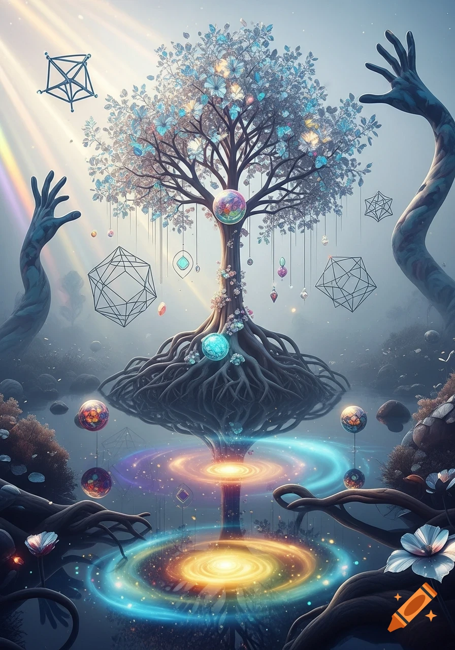 A vibrant, surreal fantasy image of a glowing tree with roots reflecting cosmic spirals in water, surrounded by abstract hands and geometric shapes.