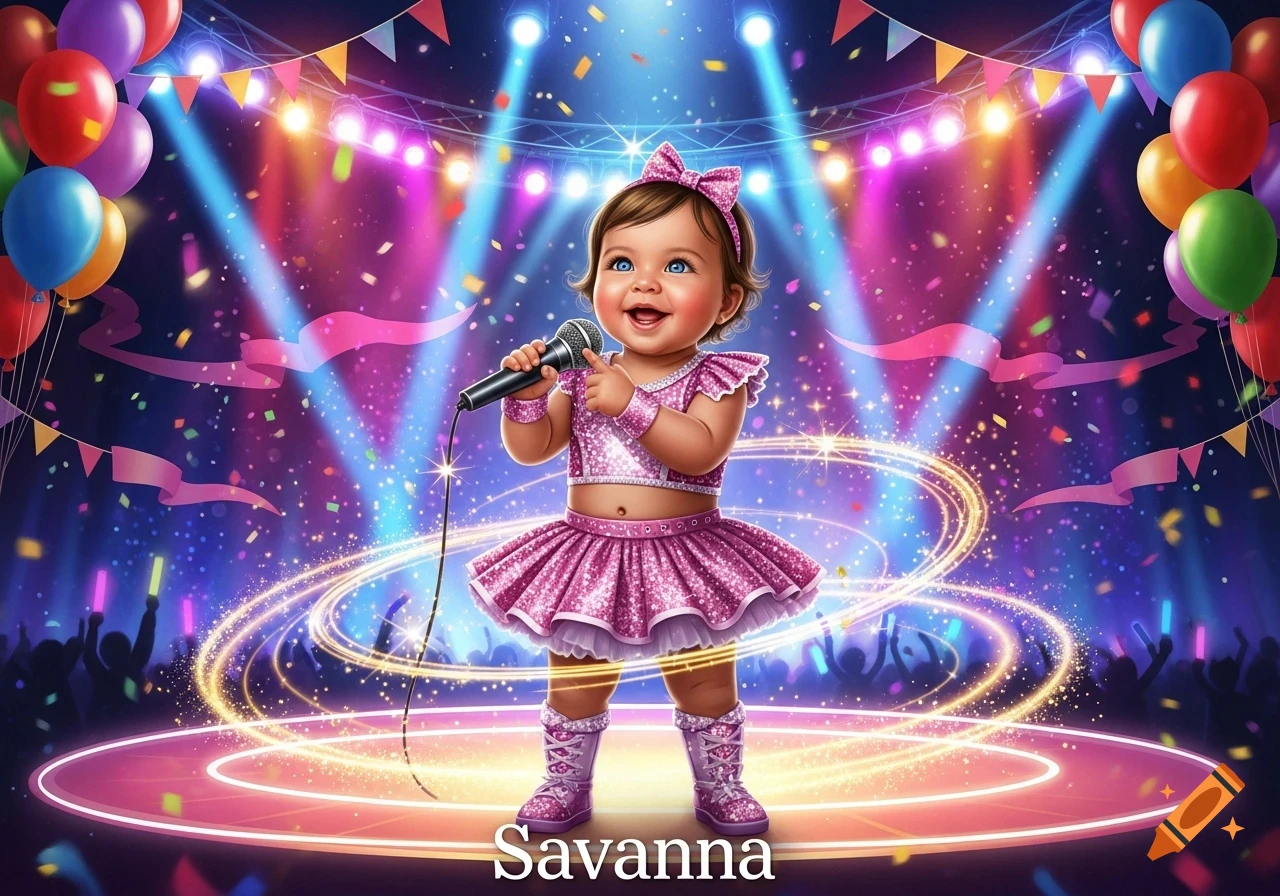 A happy baby in a glittery pink costume sings into a microphone on a vibrant pop concert stage with confetti, balloons, and bright lights.