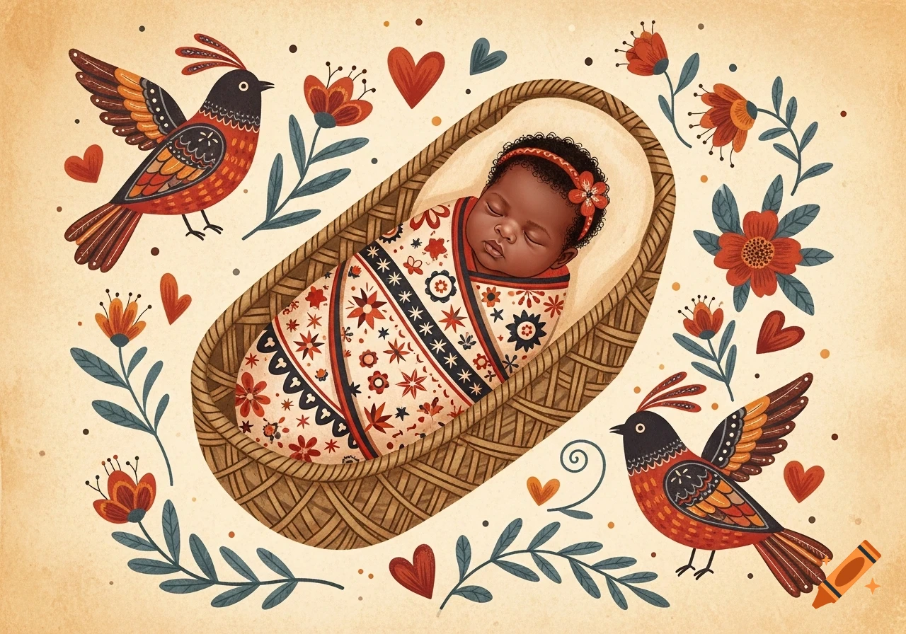 Folk art illustration of a Black baby sleeping in a cradle, surrounded by birds, flowers, and hearts.