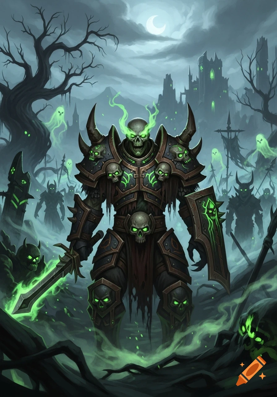 A powerful skeletal warrior in dark armor with glowing green eyes, holding a sword and shield, stands in a gothic graveyard with ghosts and a castle under a crescent moon.