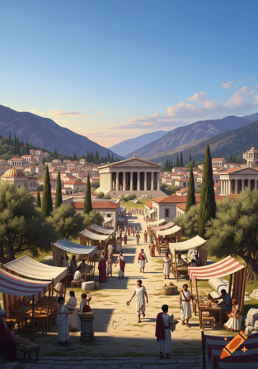 A bustling ancient Greek city with a market street leading towards a grand temple, surrounded by mountains.