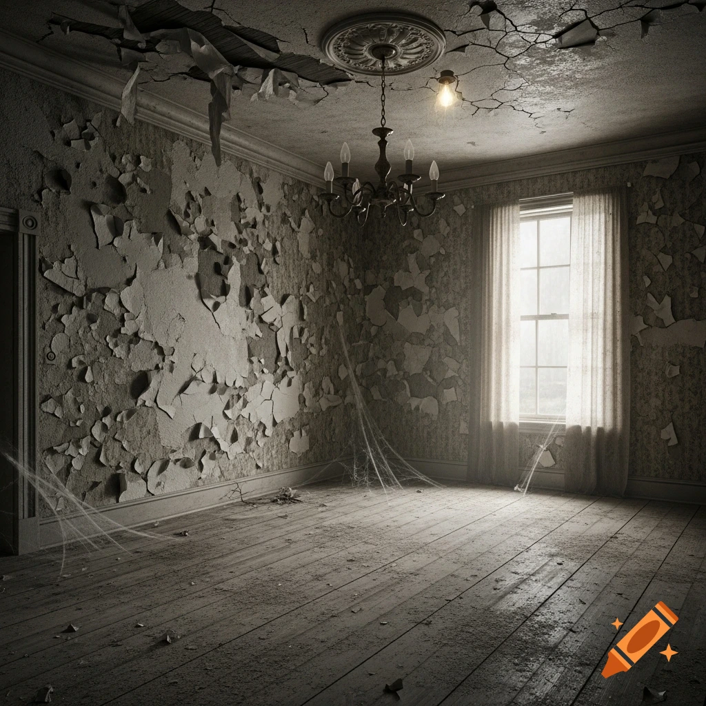 An empty, dilapidated room with peeling wallpaper, cracked ceiling, a chandelier, a large window, and cobwebs, giving a haunted feel.