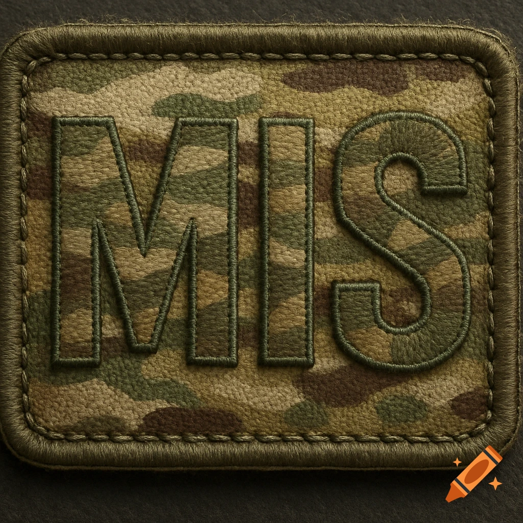 A close-up, photorealistic image of a rectangular military patch featuring a multicam camouflage pattern with the embroidered letters "MIS" in capital letters.