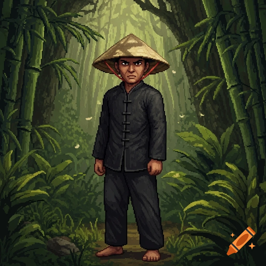 A pixel art illustration of a person in a conical rice hat and black traditional clothing standing barefoot in a dense bamboo forest.