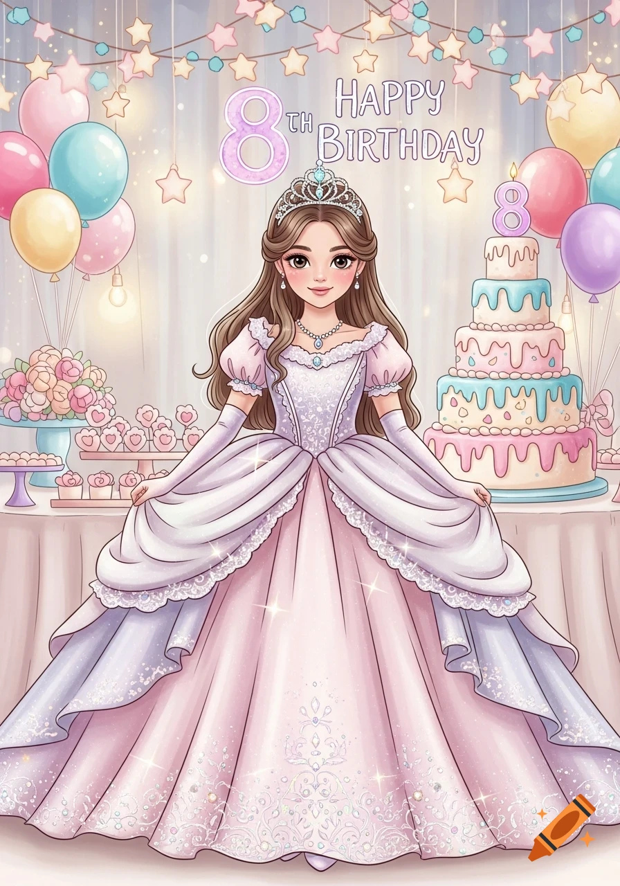 Cartoon princess in a pink gown and crown at an 8th birthday party with balloons, a tiered cake, and treats.