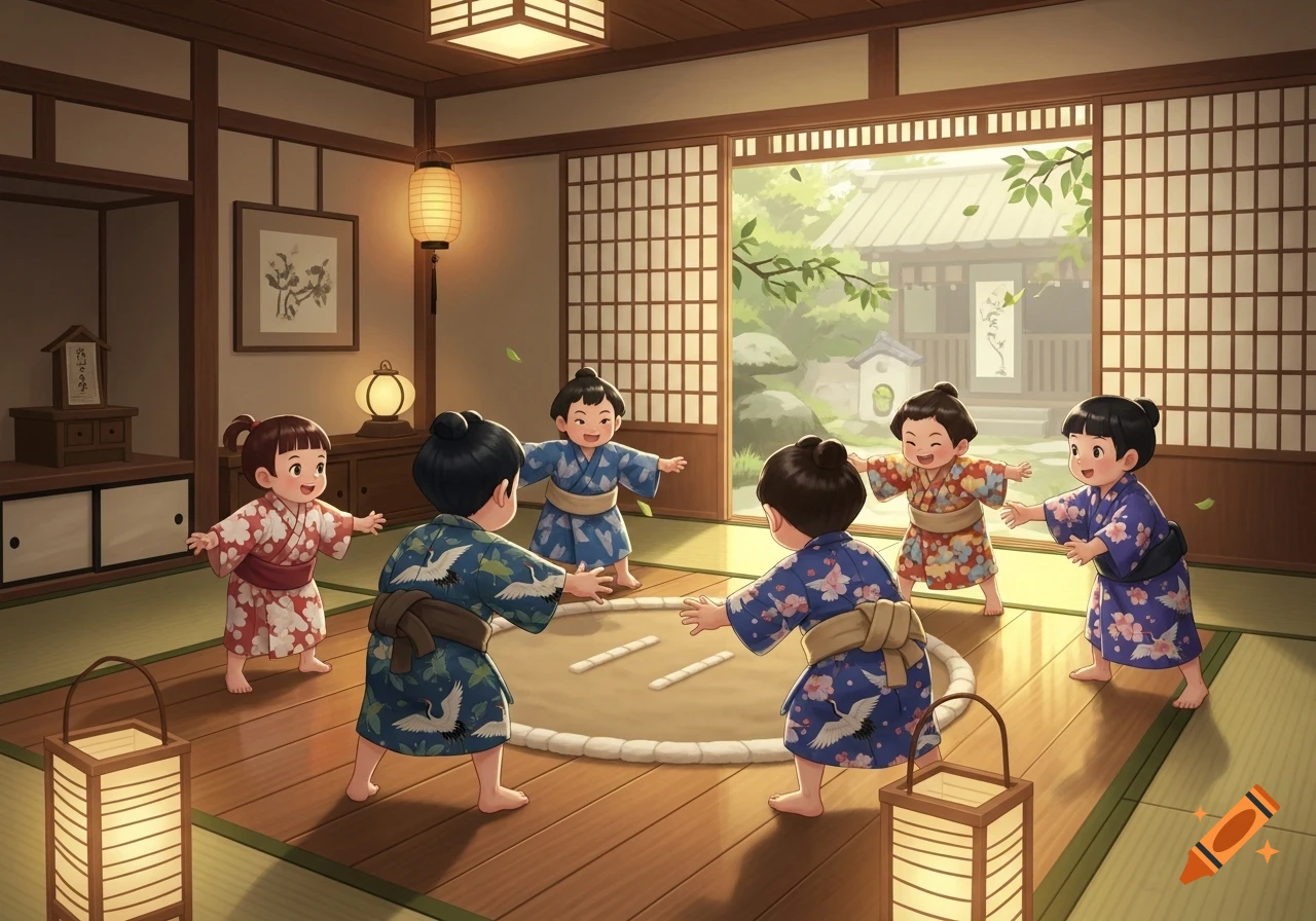 Six happy cartoon children in kimonos playing sumo indoors in a traditional Japanese room with a garden view.