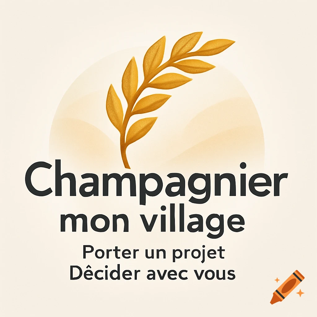 Logo with a stylized golden ear of wheat on an orange background, text reads 'Champagnier mon village Porter un projet Décider avec vous'.