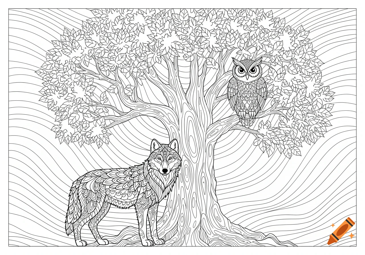 A black and white line art coloring page depicting a wolf standing next to a tree with an owl perched on a branch.
