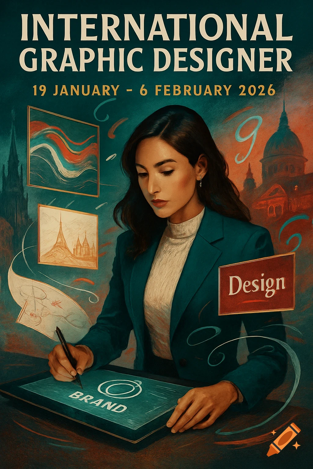 Stylized illustration of a female graphic designer working on a tablet, surrounded by art and architectural elements, with event text.