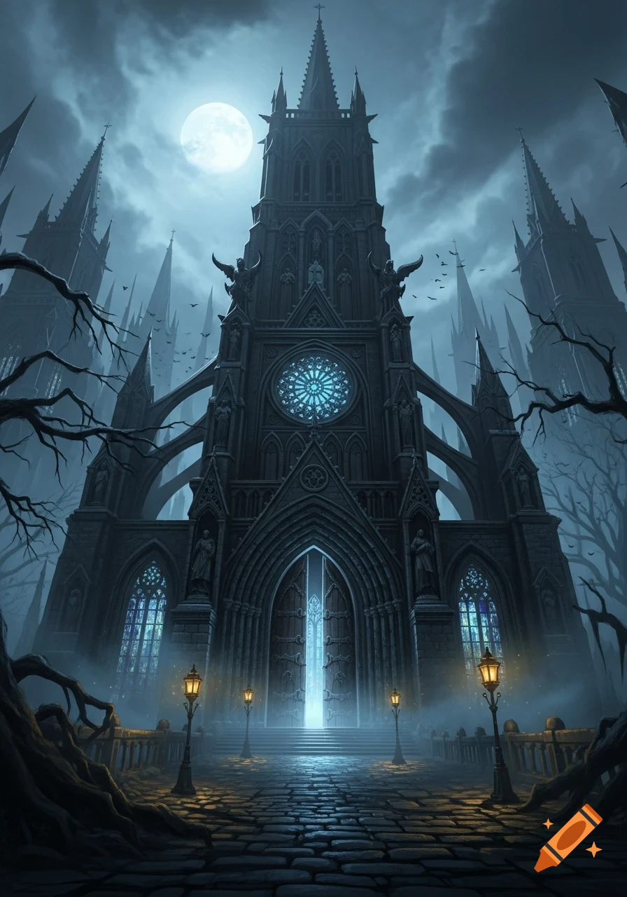 A tall, dark gothic cathedral with glowing blue windows and doors under ...
