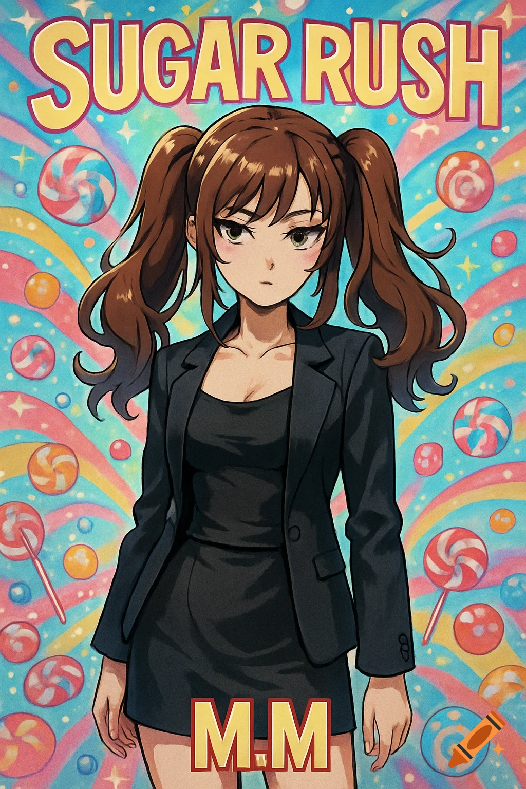 Anime poster for 'Sugar Rush' featuring M.M with brown pigtails in a black blazer and skirt, against a colorful candy background.