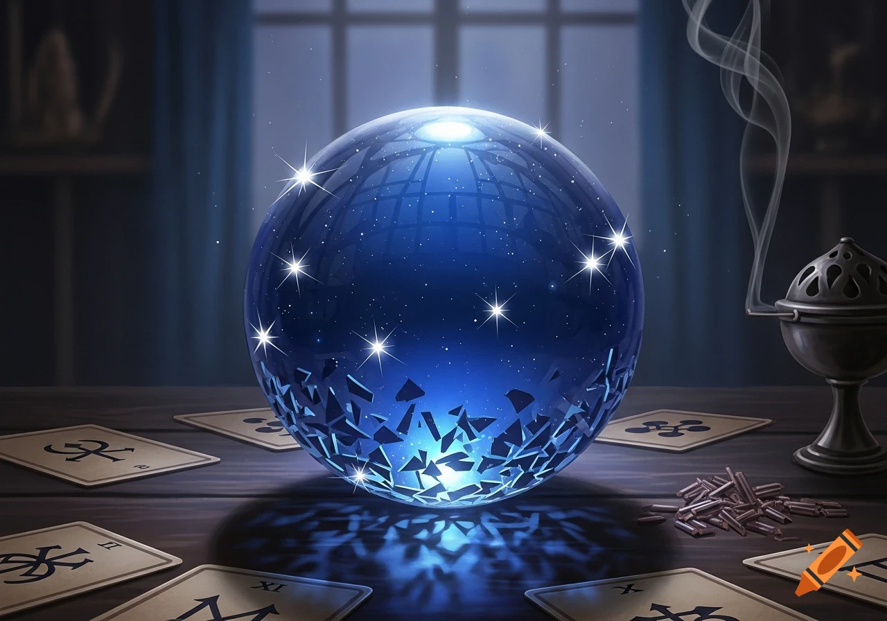 A shimmering blue crystal ball, surrounded by tarot cards and an incense burner, on a dark wooden table.