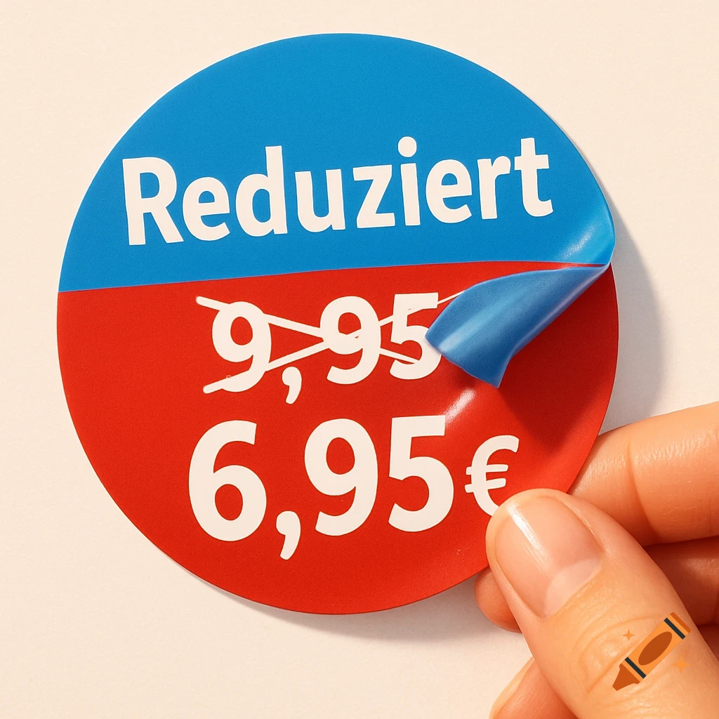 A hand peeling a blue and red circular discount sticker that says 'Reduziert', revealing '6,95\u20ac' below the crossed-out '9,95' price.