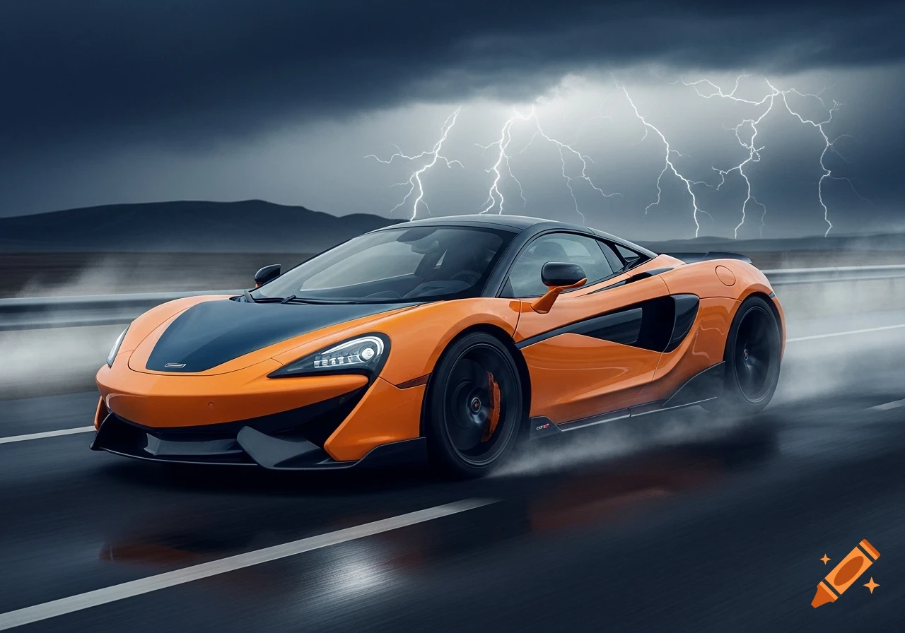An orange and black McLaren sports car drives on a wet road with lightning striking in a dark, cloudy sky.