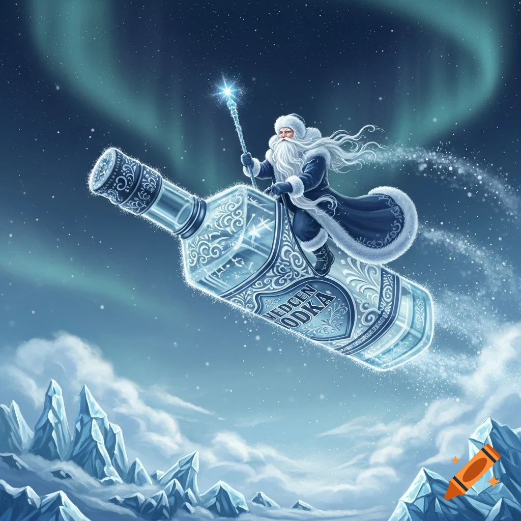 Father Frost flying on a decorative ice-like vodka bottle over icy mountains under aurora borealis.