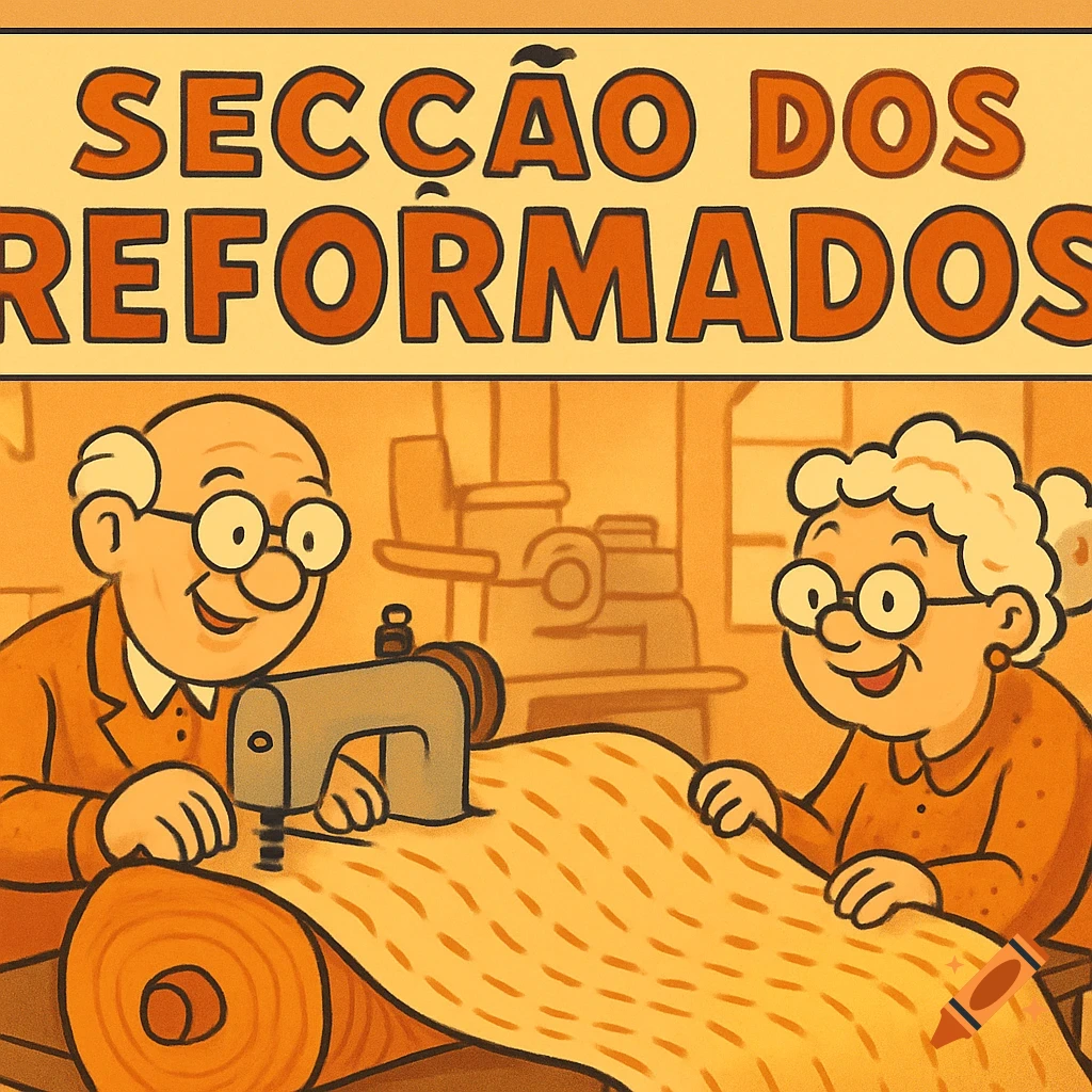 Cartoon of an elderly man and woman sewing a large piece of fabric on a machine, with the text "SECÇÃO DOS REFORMADOS" above.