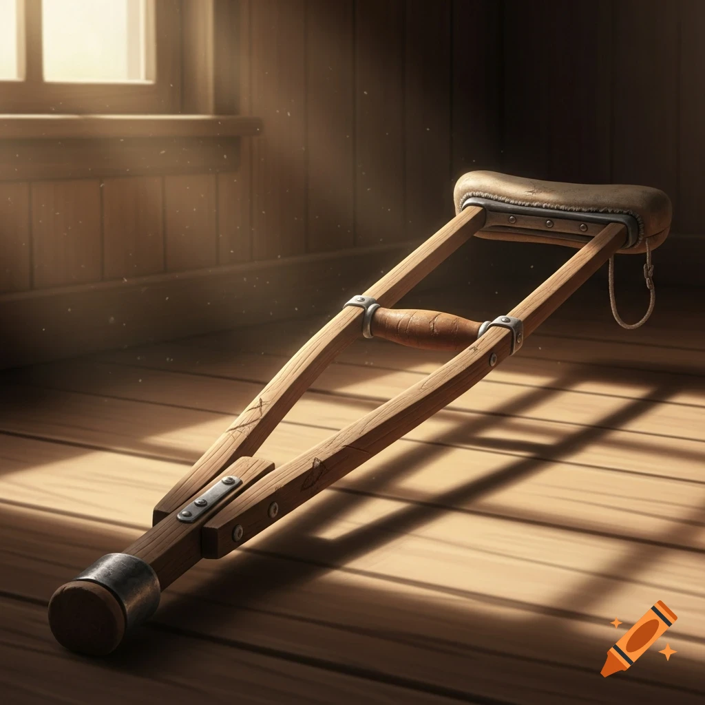 A well-used wooden crutch with a leather armrest lies on a sunlit wooden floor next to a window.