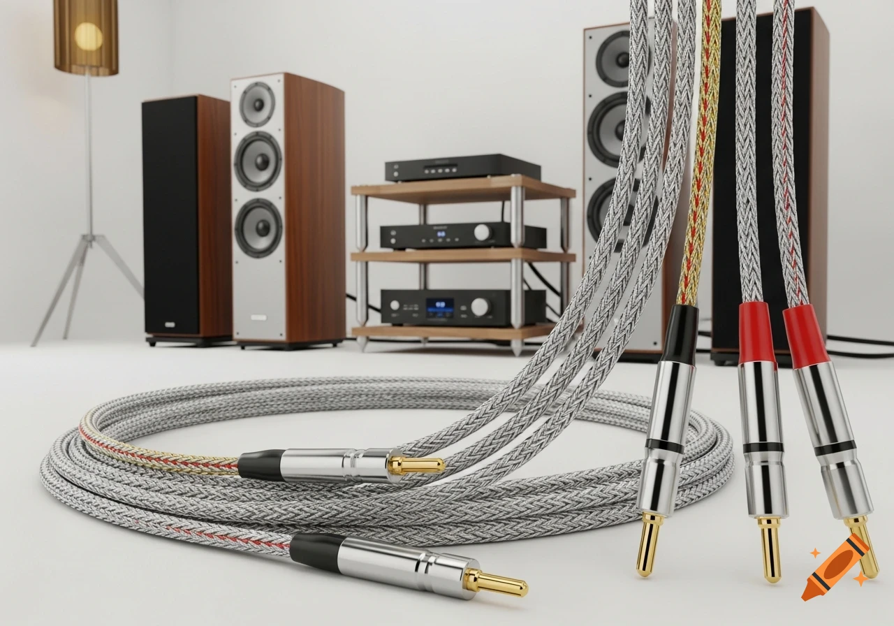 Photorealistic image of hifi audio cables with banana plugs, speakers, and electronics on a white background.