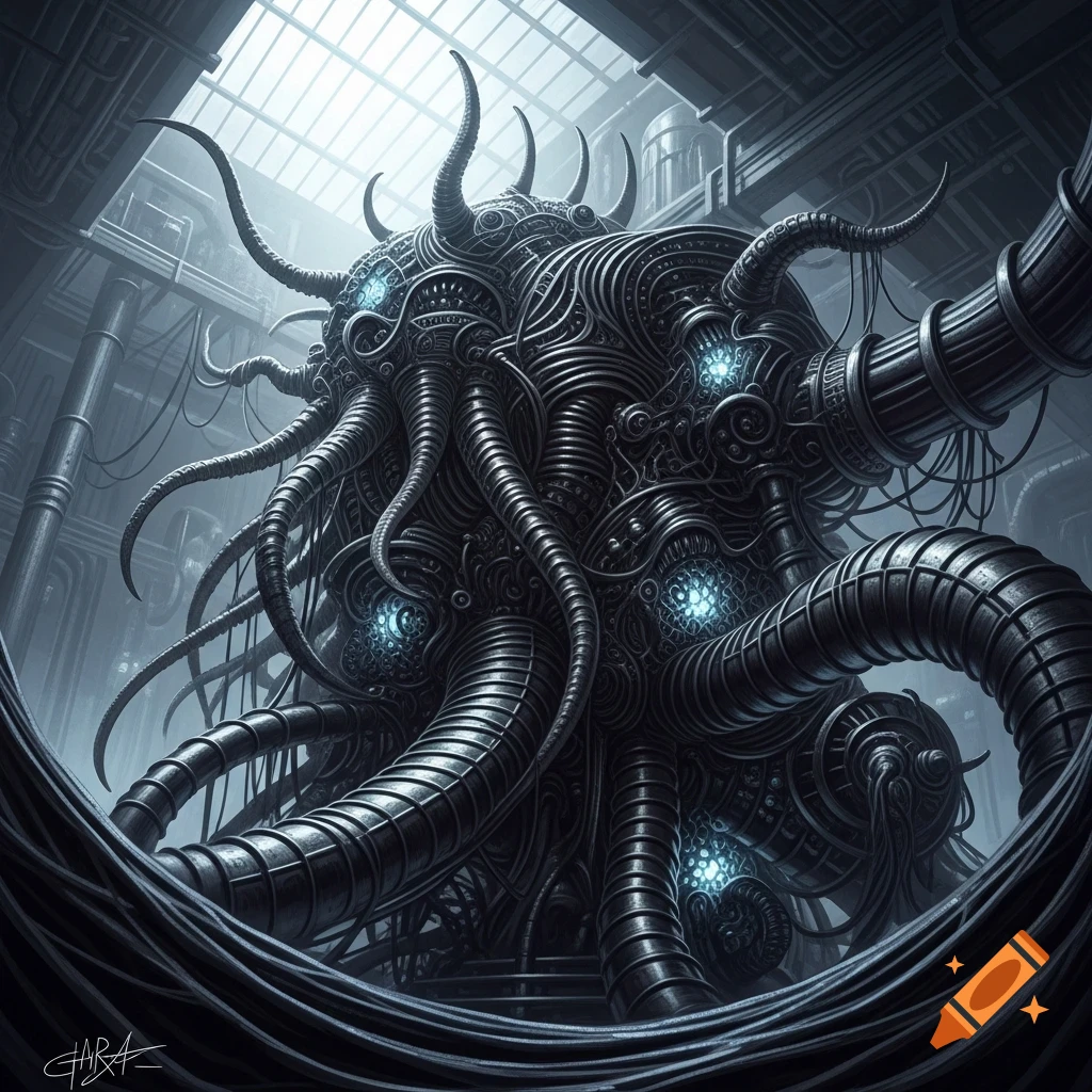 A dark, intricate biomechanical machine with glowing blue lights and multiple tentacles, set in an industrial environment, in the style of H.R. Giger.