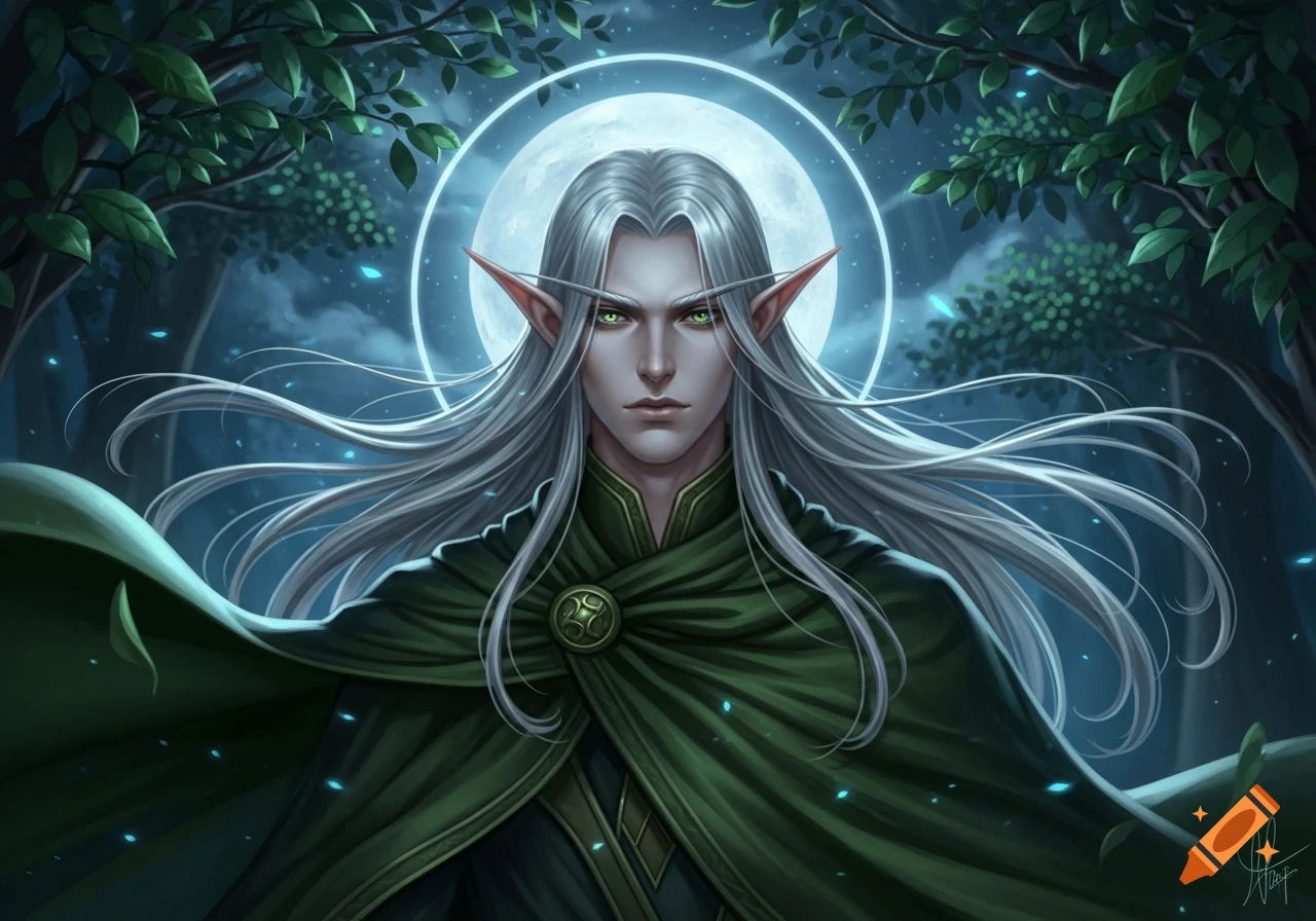 An imposing male elf with long silver hair and glowing green eyes, wearing a green cloak, stands under a full moon in a dark forest.