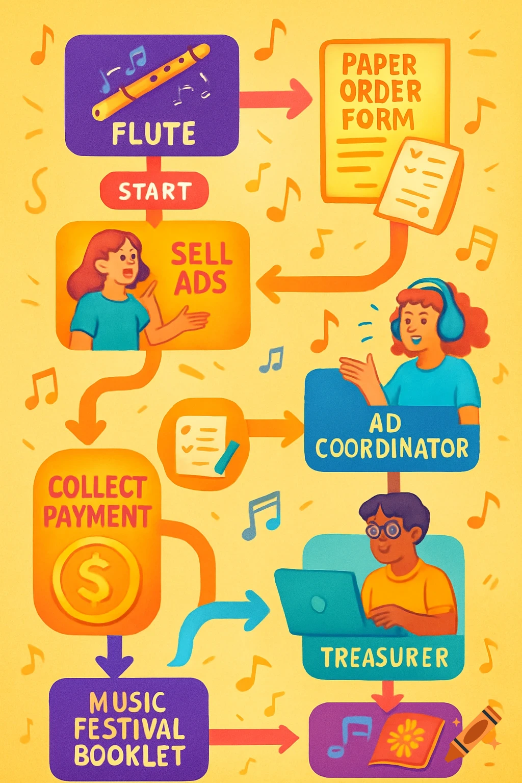 A colorful, playful flowchart illustrating the process of selling advertising space for a music festival booklet, featuring cartoon characters and musical notes.