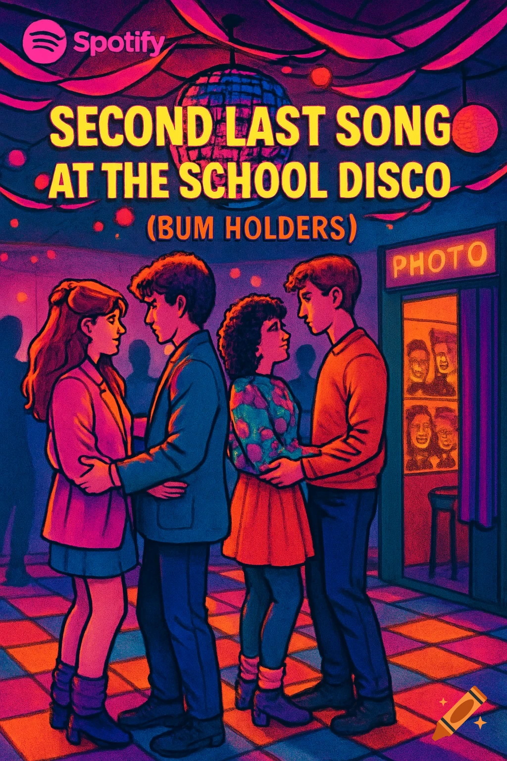 An 80s themed Spotify album cover featuring four teenagers dancing at a school disco under a disco ball, with text "SECOND LAST SONG AT THE SCHOOL DISCO (BUM HOLDERS)".