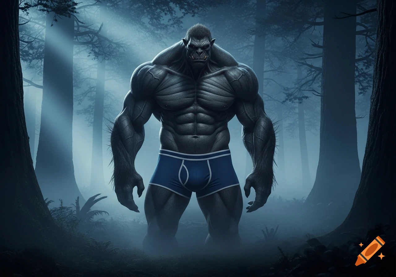 A huge, muscular grey monster with tusks stands in blue underwear in a foggy, dark forest with light rays.