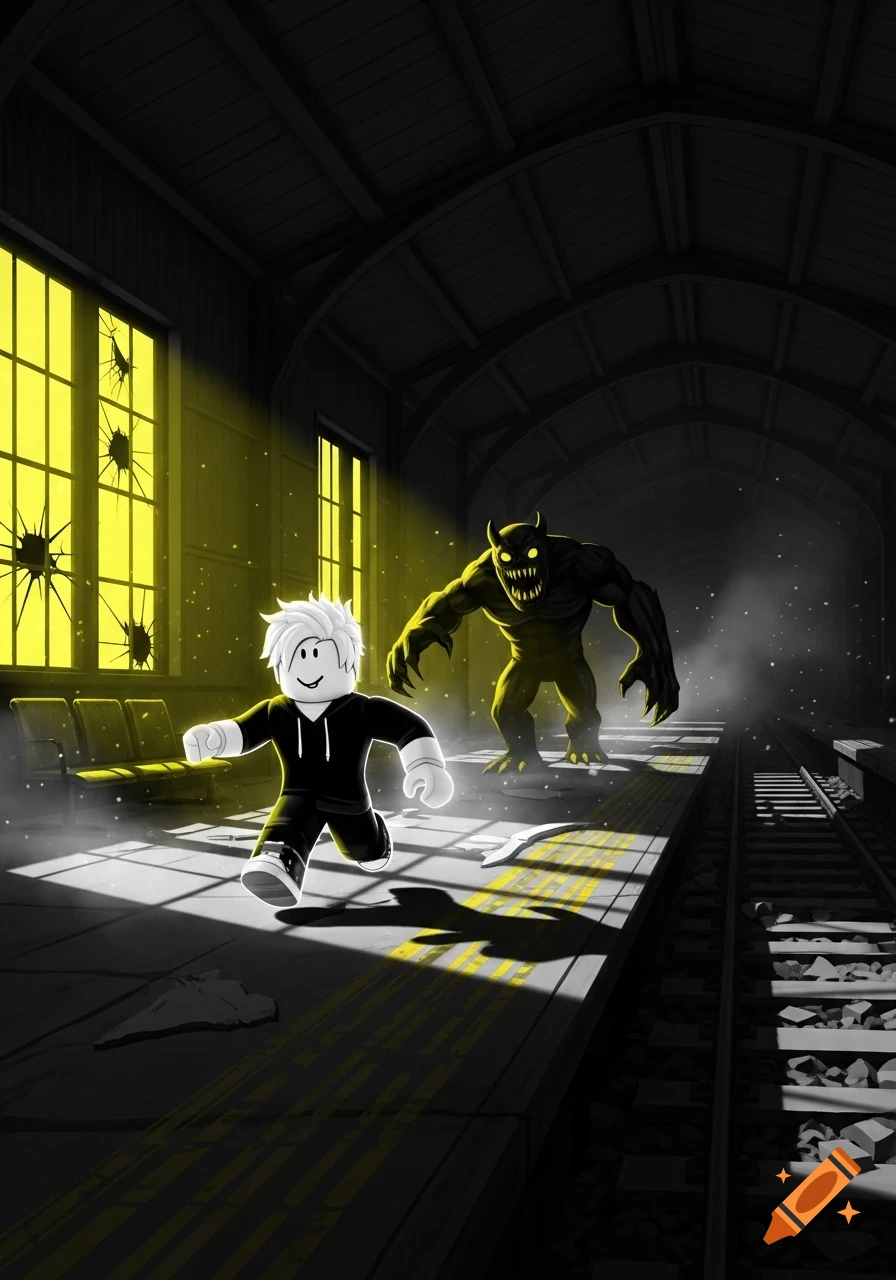 A stylized Roblox character runs from a monster in a dark, abandoned train station with bright yellow windows and markings.