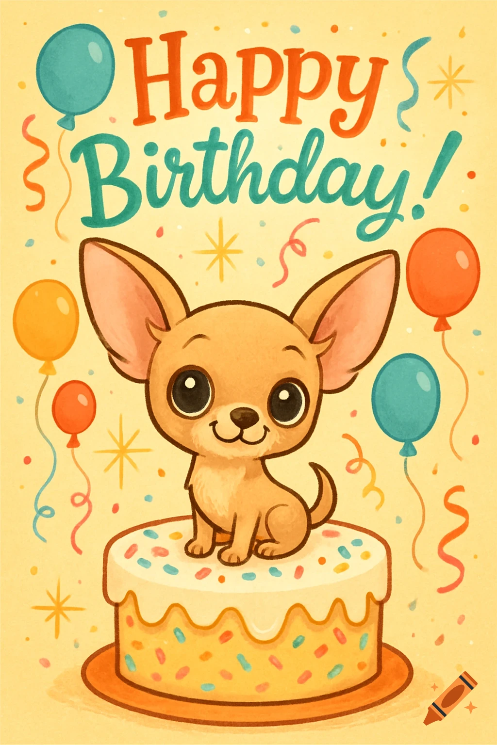 A cheerful cartoon chihuahua sits on a birthday cake with balloons and 'Happy Birthday!' text in a retro style.