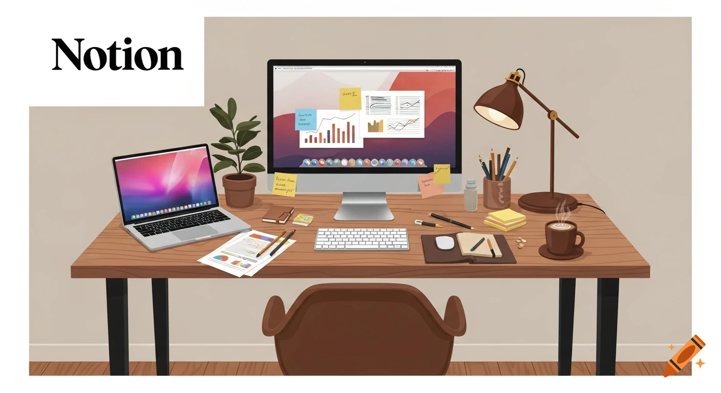 An illustrative overhead view of an organized wooden desk with a large monitor displaying charts, a laptop, plants, a lamp, pens, paper, and a steaming mug of cocoa.