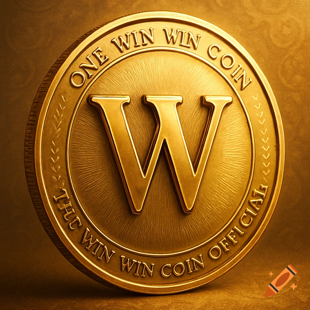 A detailed, shiny gold coin with a large 'W' in the center and text around the edge, 'ONE WIN WIN COIN' and 'THE WIN WIN COIN OFFICIAL'.