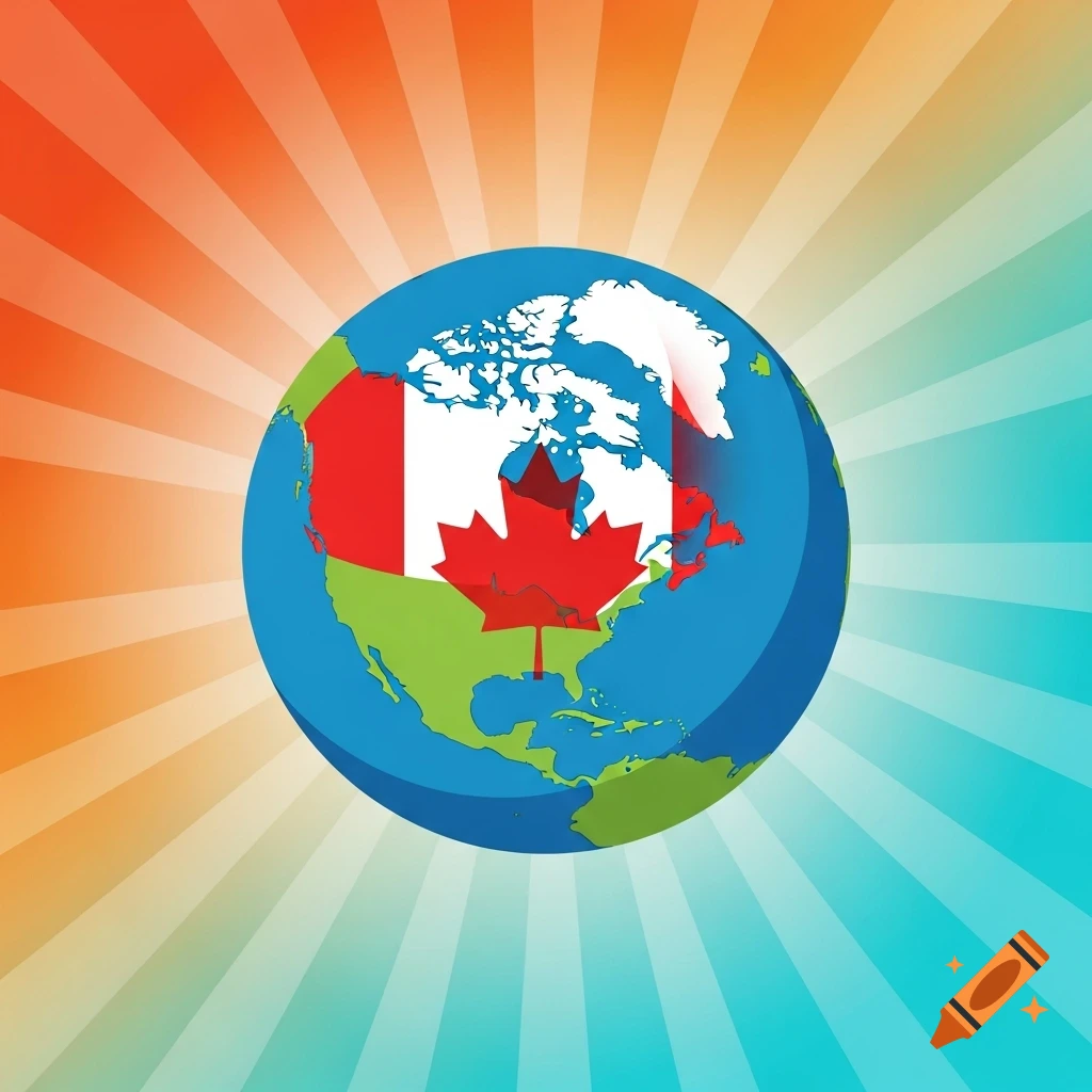 Cartoon Earth with Canada highlighted, featuring a Canadian maple leaf on a radial orange to blue gradient background.